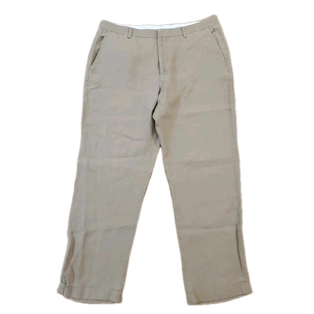 Murano Baird McNutt Mens 38x30 Beige Tan 100% Linen Cuffed Dress Trouser Pants‎